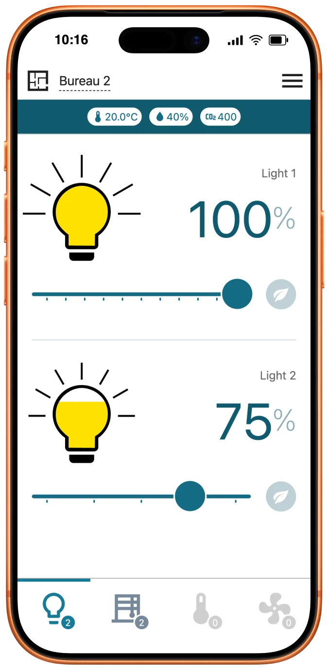 Interface AirBuilding avec 2 lumières — double slider