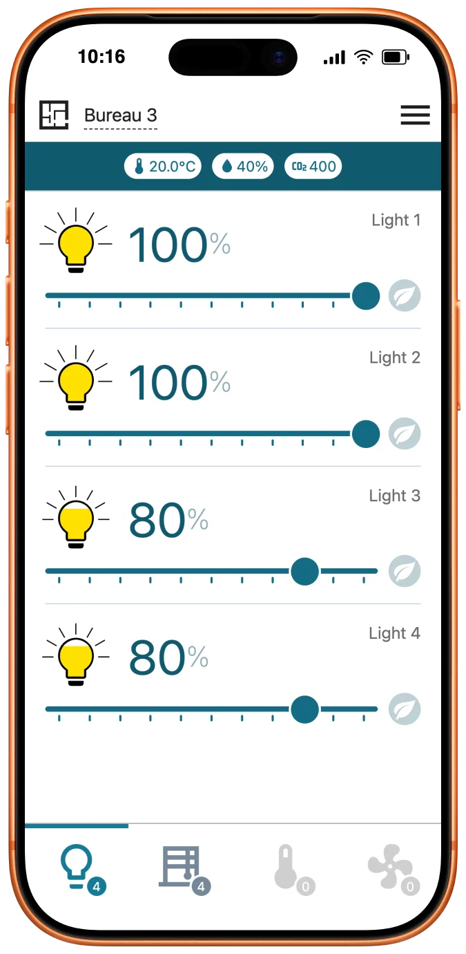Interface AirBuilding avec 4 lumières ou plus — grille compacte
