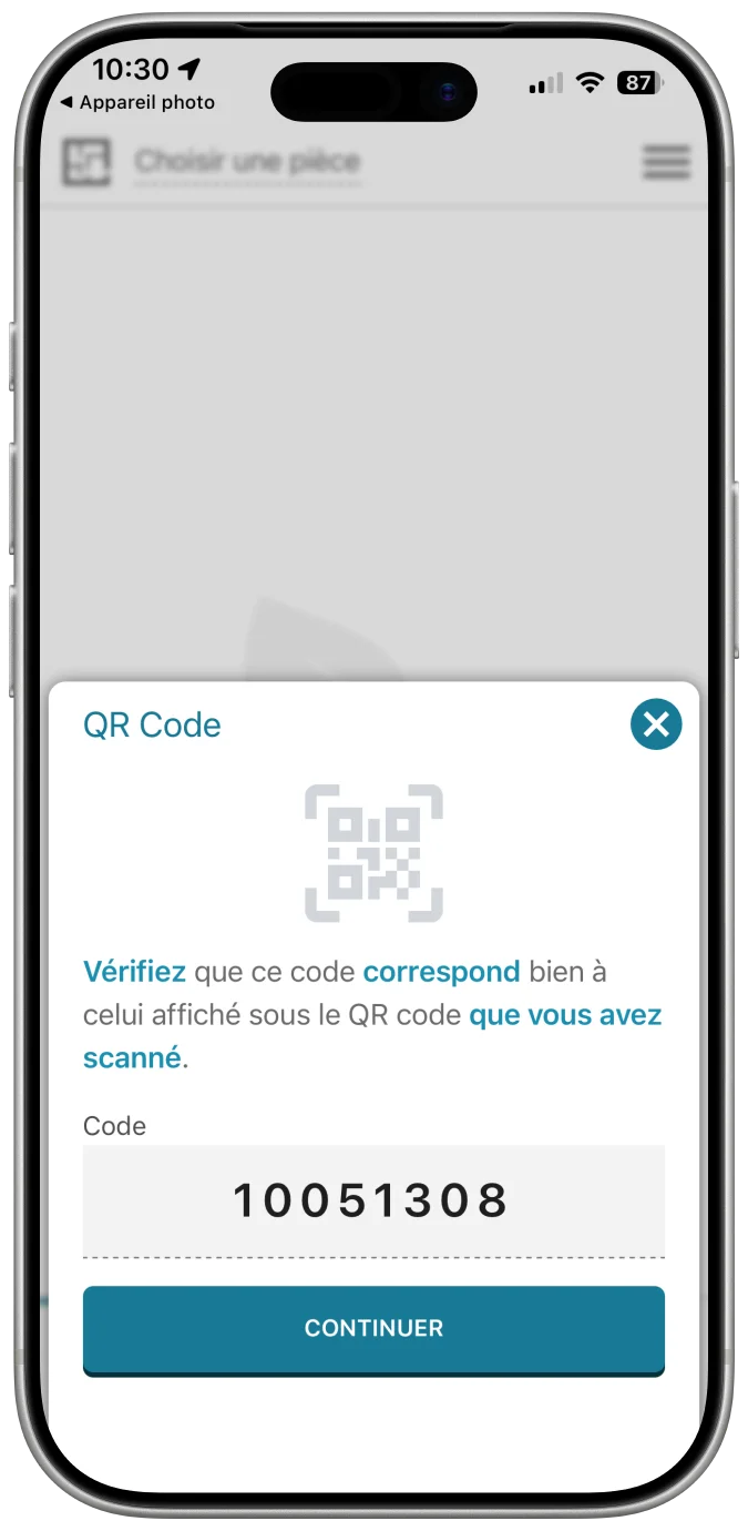 Écran de saisie du code QR à 8 chiffres dans l'application AirBuilding