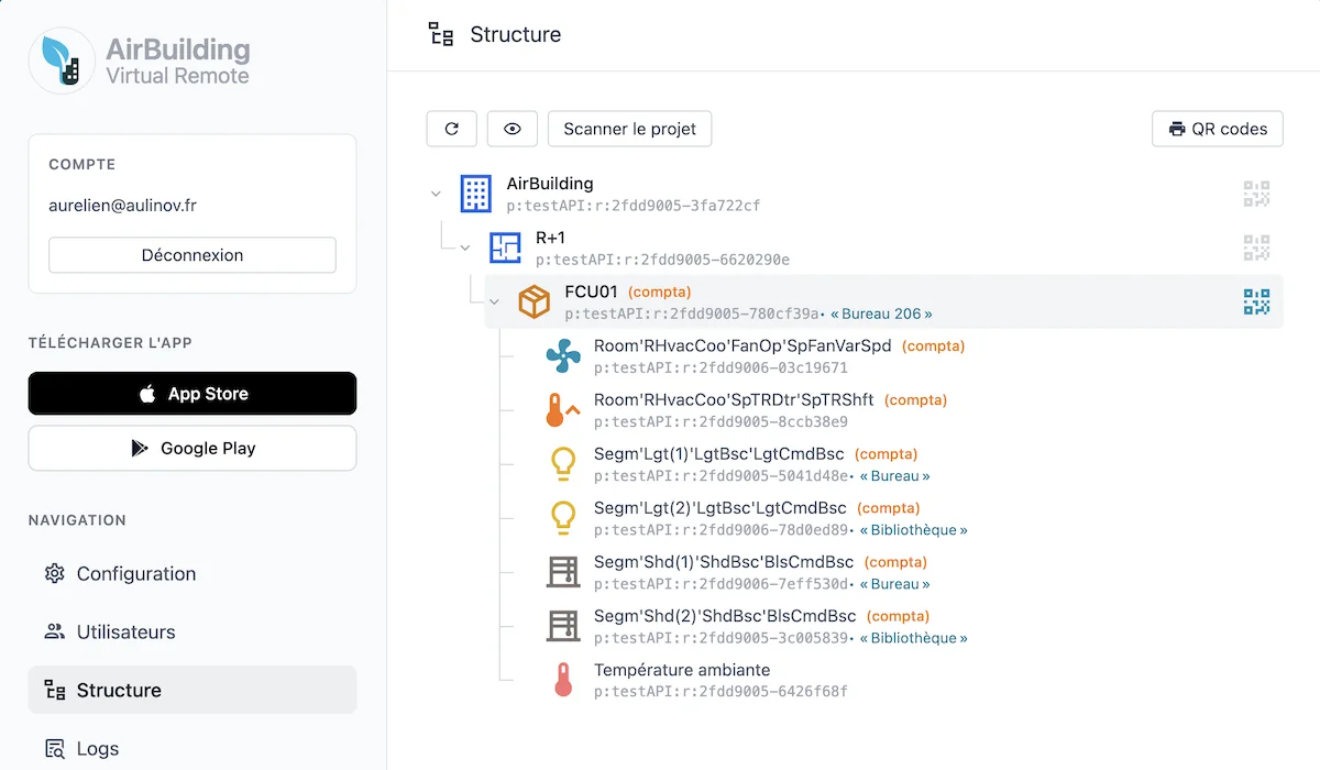 Console d'administration AirBuilding — gestion des utilisateurs et structure du bâtiment